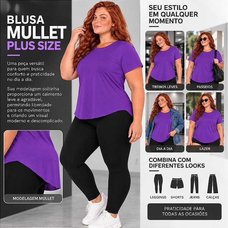 Blusa Plus Size Mullet Confortável Decote Redondo Manga Curta Tapa Bumbum 3024A