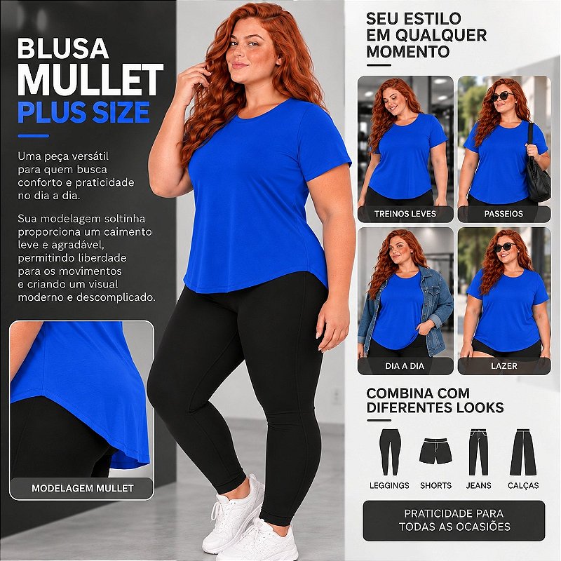 Blusa Plus Size Mullet Confortável Decote Redondo Manga Curta Tapa Bumbum 3024A