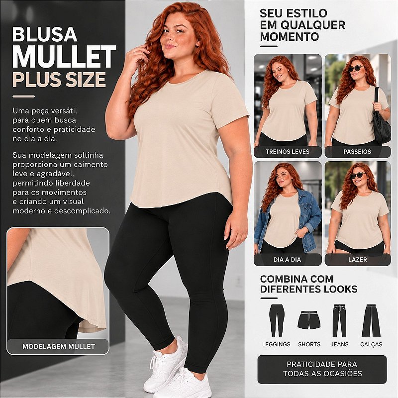 Blusa Plus Size Mullet Confortável Decote Redondo Manga Curta Tapa Bumbum 3024A