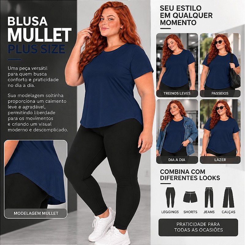 Blusa Plus Size Mullet Confortável Decote Redondo Manga Curta Tapa Bumbum 3024A