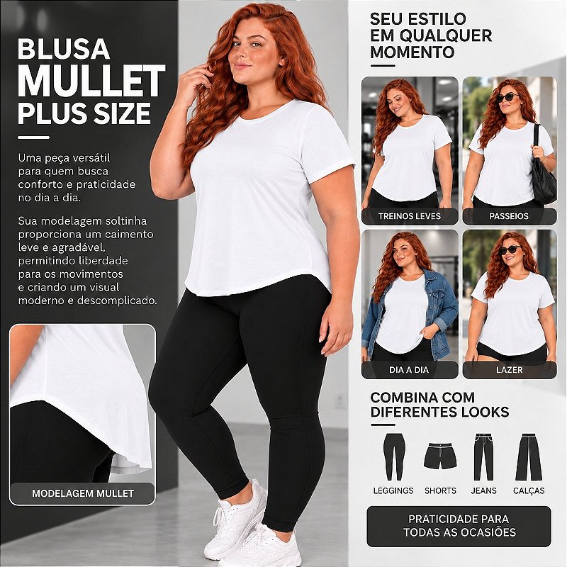 Blusa Plus Size Mullet Confortável Decote Redondo Manga Curta Tapa Bumbum 3024A