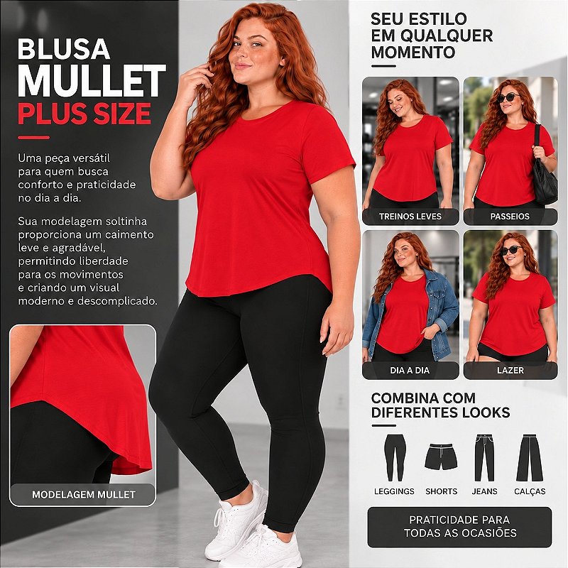 Blusa Plus Size Mullet Confortável Decote Redondo Manga Curta Tapa Bumbum 3024A