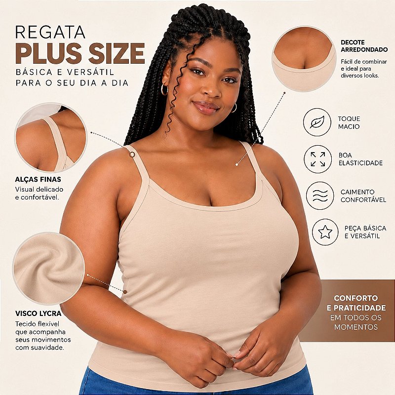 Blusa Regata Plus Size Visco Lycra com Alça Fina Toque Macio e Leve 3026A
