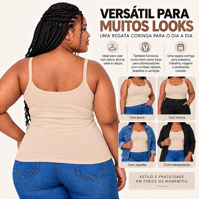 Blusa Regata Plus Size Visco Lycra com Alça Fina Toque Macio e Leve 3026A