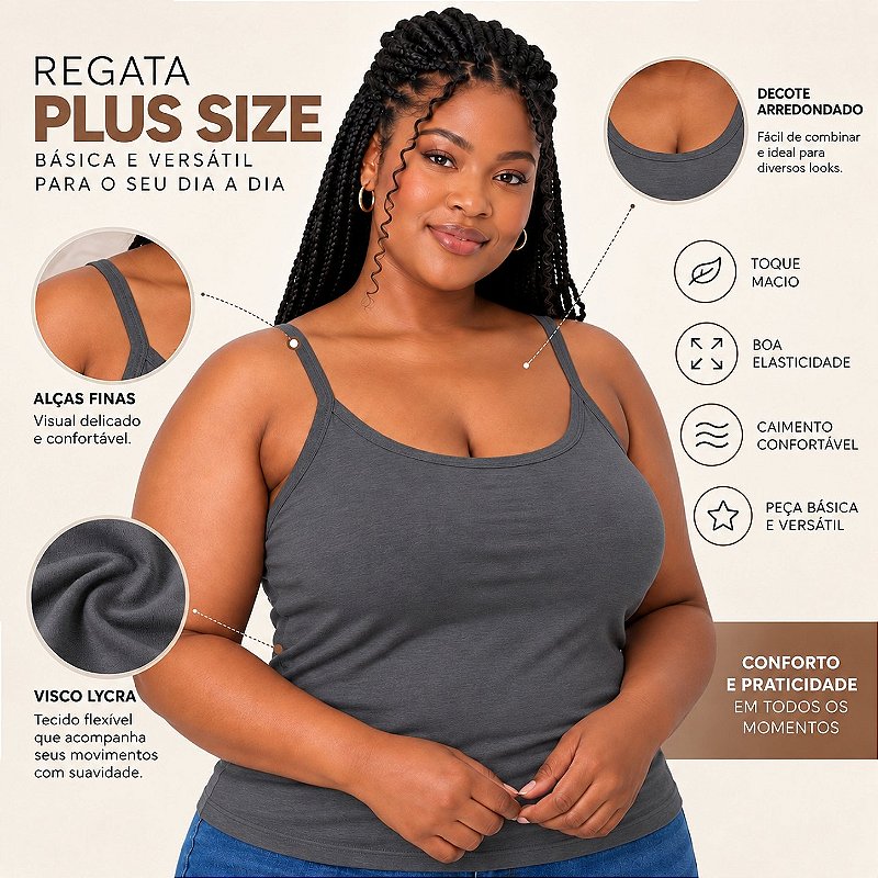 Blusa Regata Plus Size Visco Lycra com Alça Fina Toque Macio e Leve 3026A