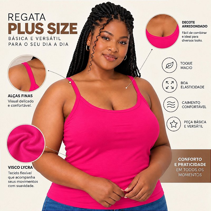 Blusa Regata Plus Size Visco Lycra com Alça Fina Toque Macio e Leve 3026A