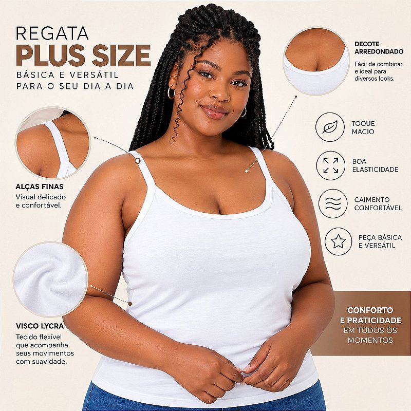 Blusa Regata Plus Size Visco Lycra com Alça Fina Toque Macio e Leve 3026A