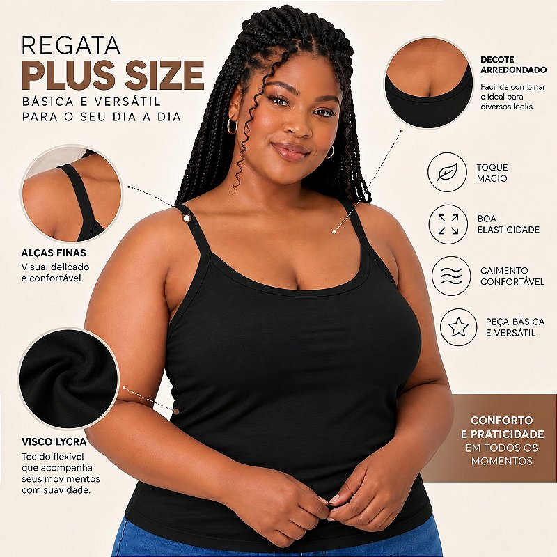 Blusa Regata Plus Size Visco Lycra com Alça Fina Toque Macio e Leve 3026A