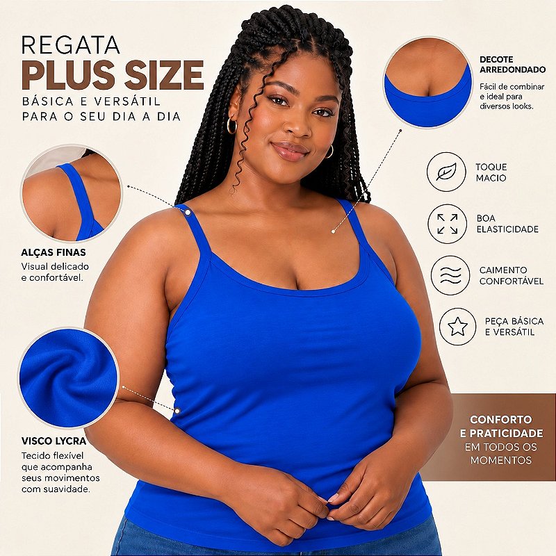 Blusa Regata Plus Size Visco Lycra com Alça Fina Toque Macio e Leve 3026A