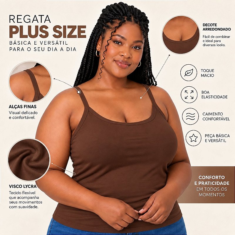 Blusa Regata Plus Size Visco Lycra com Alça Fina Toque Macio e Leve 3026A