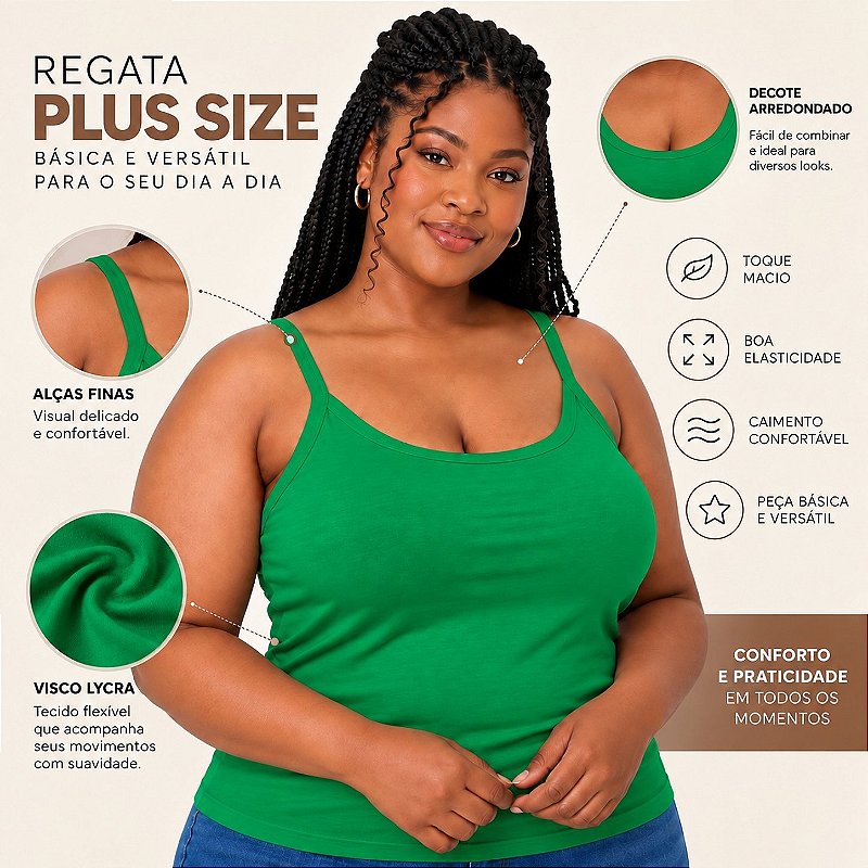 Blusa Regata Plus Size Visco Lycra com Alça Fina Toque Macio e Leve 3026A