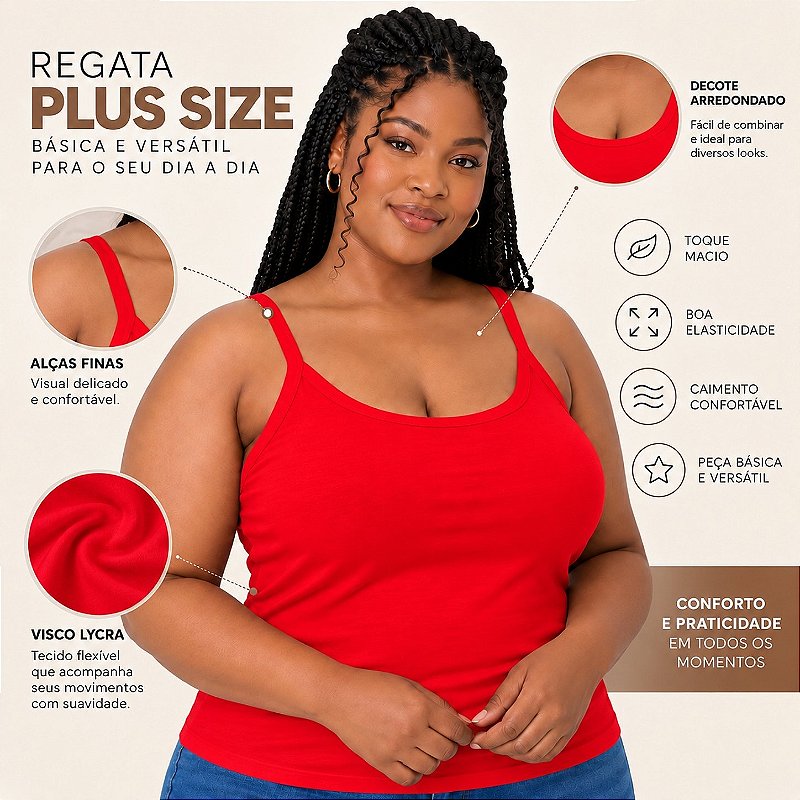 Blusa Regata Plus Size Visco Lycra com Alça Fina Toque Macio e Leve 3026A