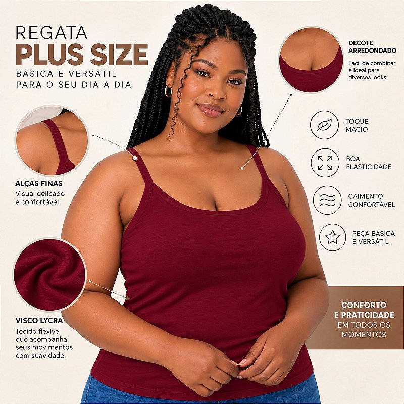 Blusa Regata Plus Size Visco Lycra com Alça Fina Toque Macio e Leve 3026A