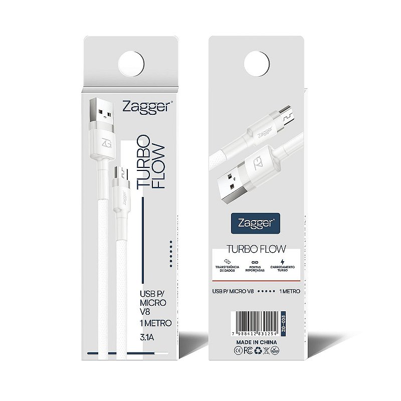 Cabo Zagger Turbo Flow - USB para Micro v8 1 Metro