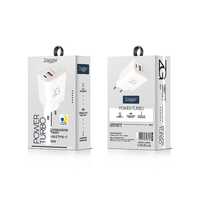 Carregador Power Turbo - Entrada USB e Type-C 20w