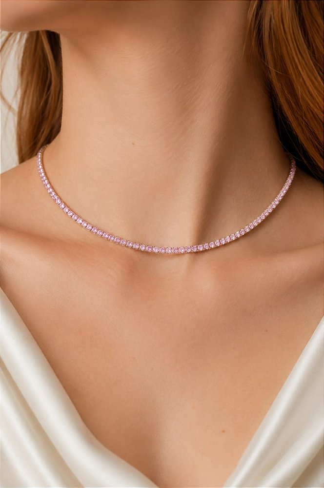 Choker Riviera Rosa com Cristais Feminina Prateada Delicada