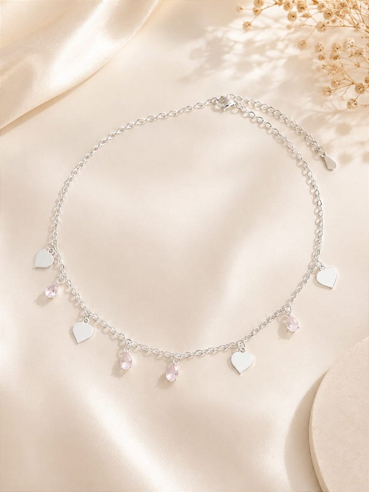 Choker Feminina com Corações e Cristais Prateada Delicada | Mavi Semijoias