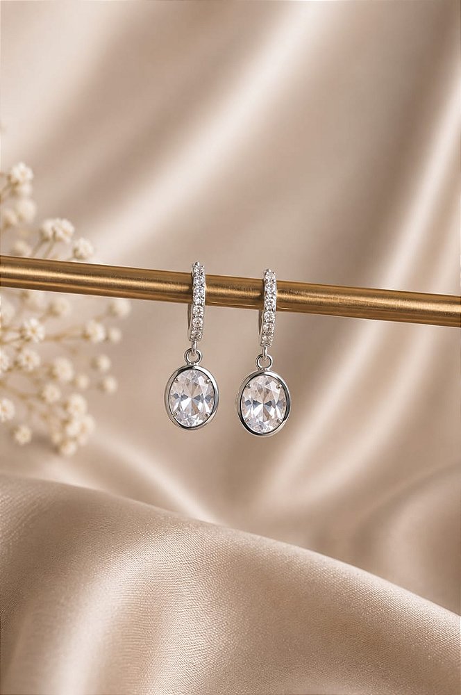 Brinco Argola Click com Pingente Cristal Oval Banhado a Prata | Mavi Semijoias