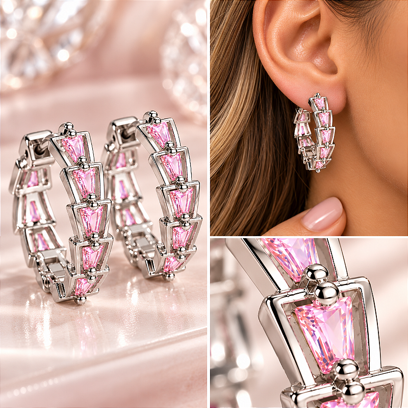 Brinco Argolinha Em Triângulos E Vazados Com Baguetes (18mm)-182 Rosa Claro