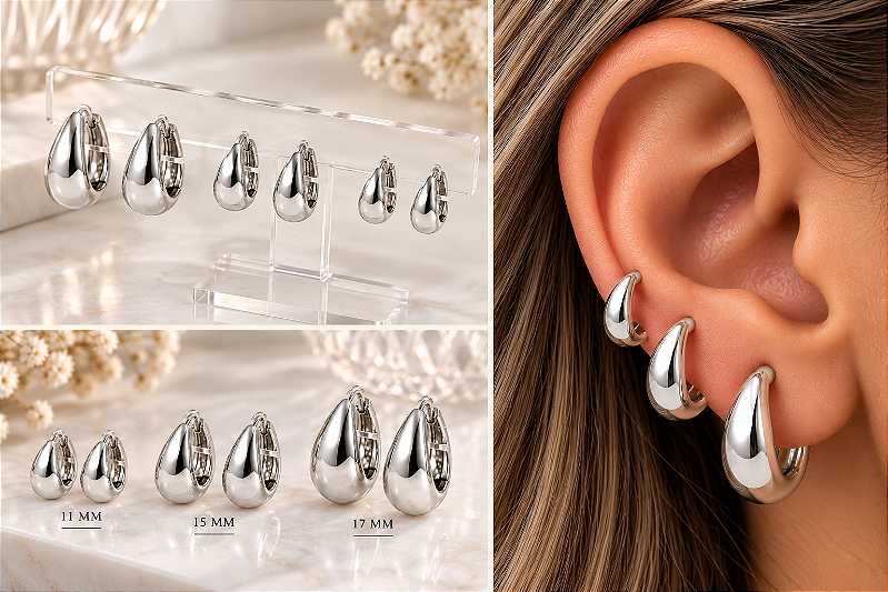 Brinco Trio Argolinha Articulada Liso Formato Gota (11/15/17mm)