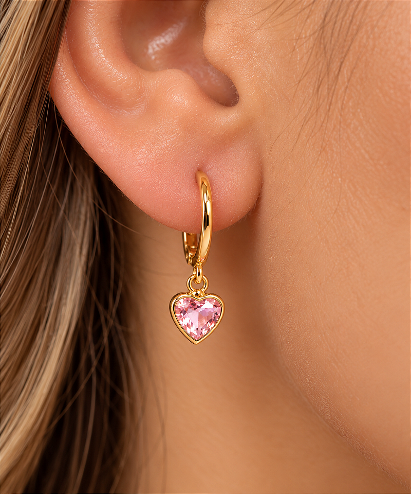 Brinco Argolinha Articulada Com Pedra Coração (7mm)-7 Rosa Claro
