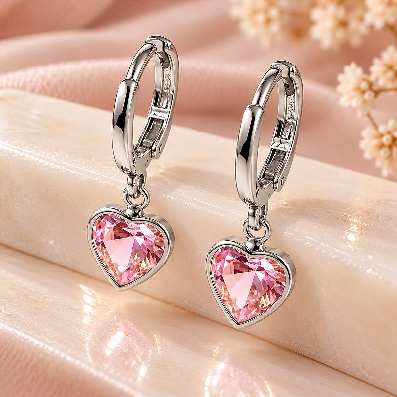 Brinco Argolinha Articulada Com Pedra Coração (7mm)-7 Rosa Claro