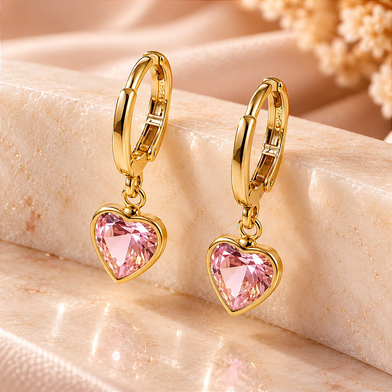 Brinco Argolinha Articulada Com Pedra Coração (7mm)-7 Rosa Claro