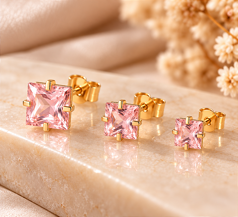 Brinco Trio Pedra Quadrada Com 4 Garras (4/5/6mm)-D2 Rosa Claro