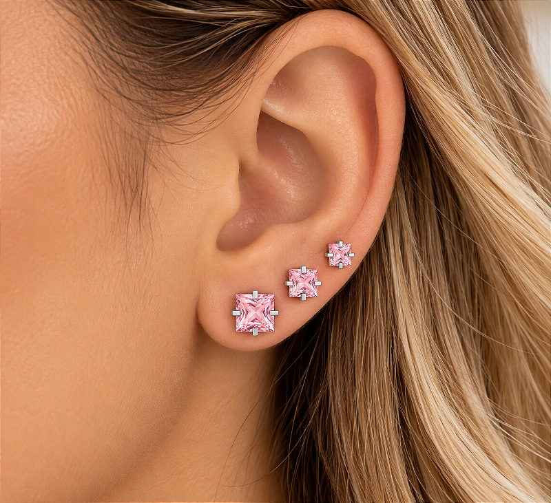 Brinco Trio Pedra Quadrada Com 4 Garras (4/5/6mm)-D2 Rosa Claro