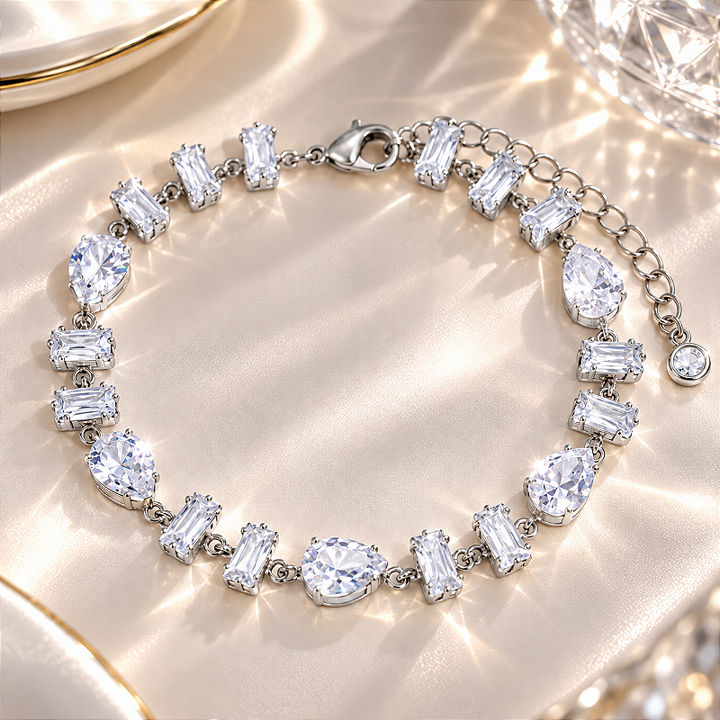 Pulseira Zircônias Retangular e Gota Cristal 16cm + Extensor