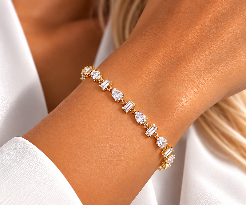 Pulseira Zircônias Retangular e Gota Cristal 16cm + Extensor