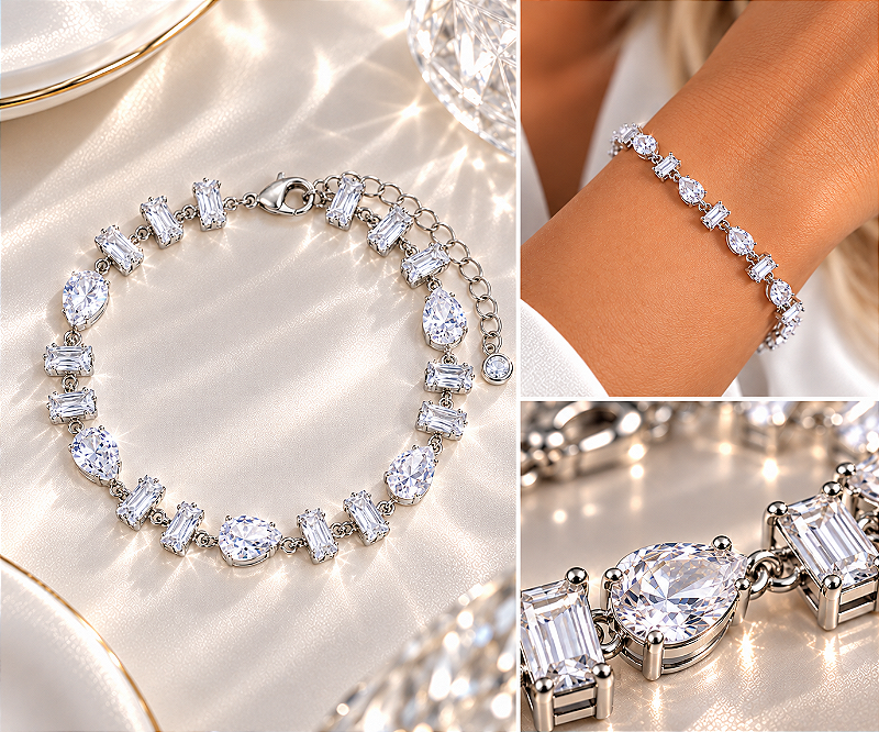 Pulseira Zircônias Retangular e Gota Cristal 16cm + Extensor
