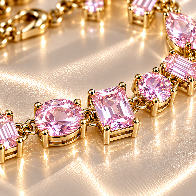Pulseira Pedras Oval, Gota, Retangular e Redonda Rosa Claro