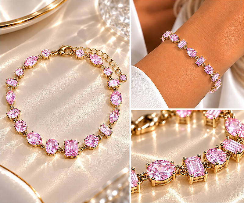Pulseira Pedras Oval, Gota, Retangular e Redonda Rosa Claro