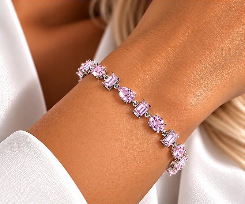 Pulseira Pedras Oval, Gota, Retangular e Redonda Rosa Claro