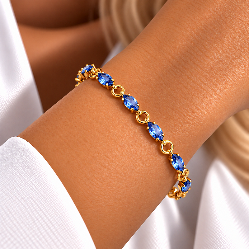 Pulseira Pedra Navete Deitada Azul 16cm + Extensor