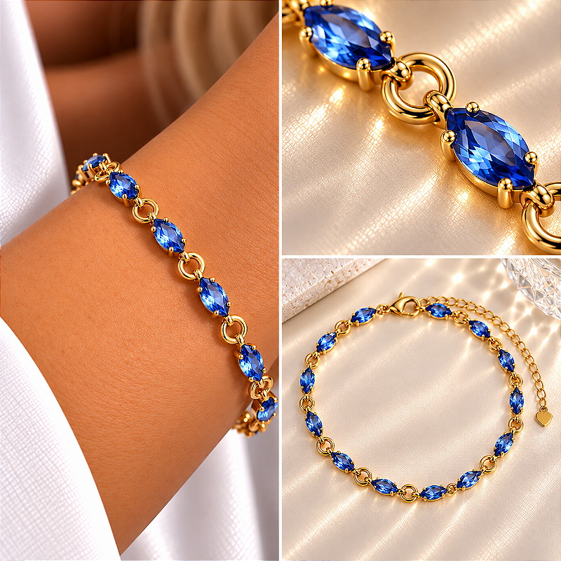 Pulseira Pedra Navete Deitada Azul 16cm + Extensor