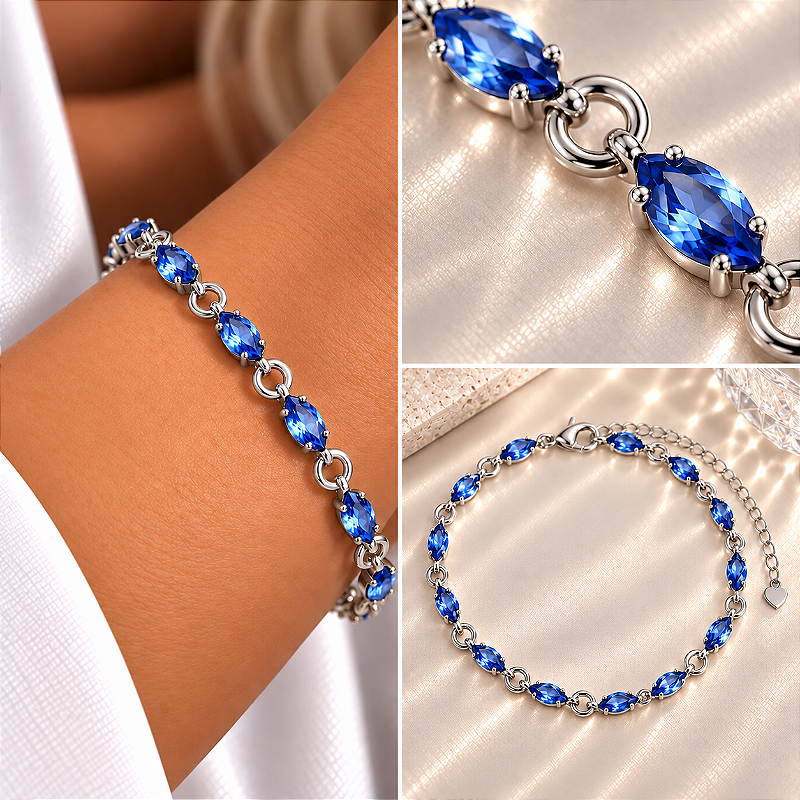Pulseira Pedra Navete Deitada Azul 16cm + Extensor