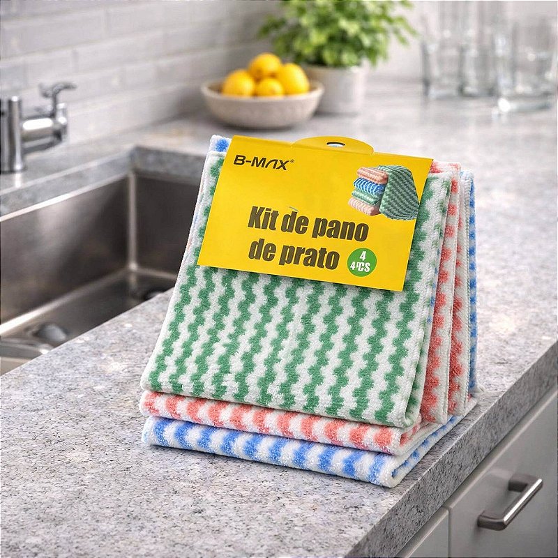 Kit com 4 Panos de Limpeza em Microfibra 23x23 cm B-MAX
