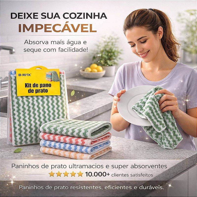 Kit com 4 Panos de Limpeza em Microfibra 23x23 cm B-MAX