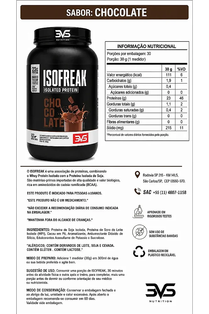 Proteína Isolada 3VS Nutrition Isofreak 900g Chocolate