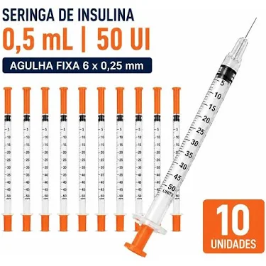 Seringa Insulina Tizerpatida 0,5ml Agulha 6x0,25mm 10 Unidades Grátis Kit 10 Alcool