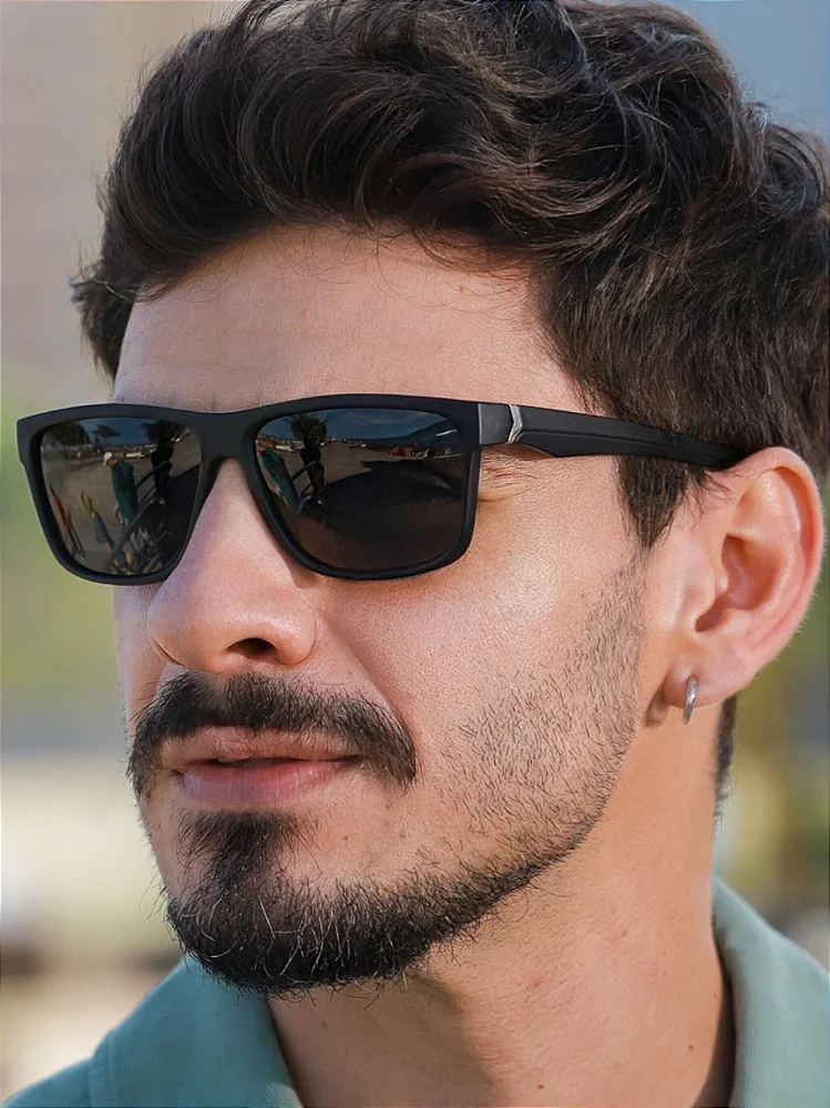 Óculos de Sol Retangular Polarizado Espanha Premium- Preto Fosco - Acetato