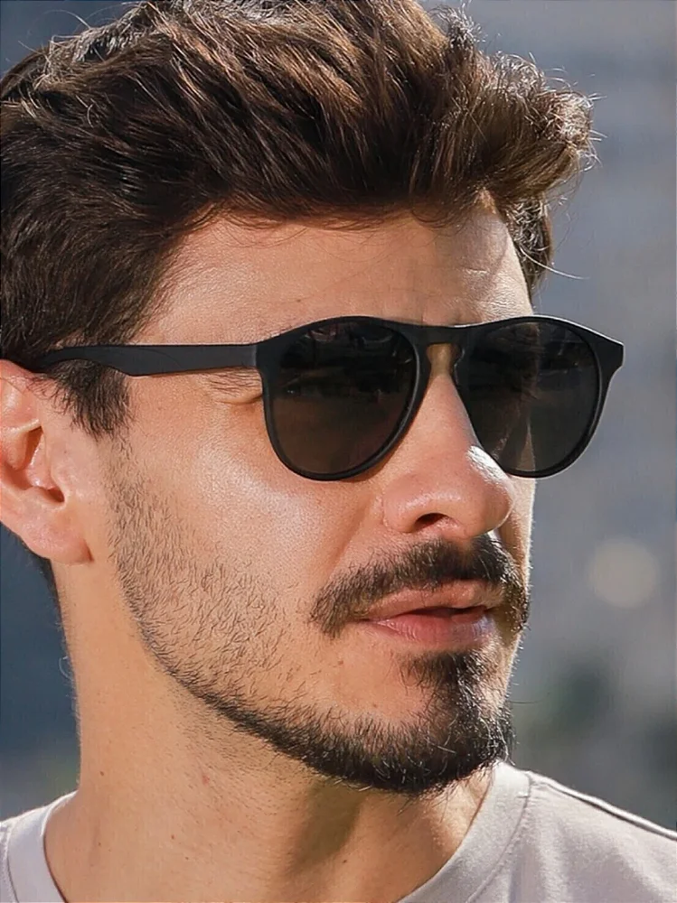 Óculos de Sol Redondo Polarizado Premium Bélgica - Preto Fosco - Acetato