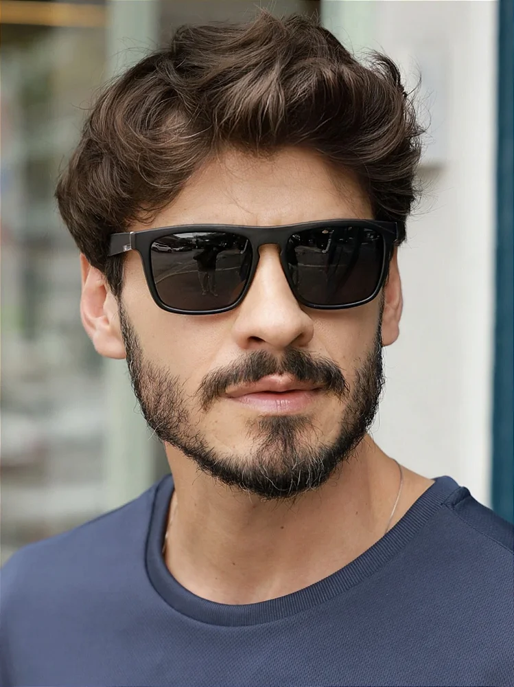 Óculos de Sol Retangular Polarizado Premium Berlim - Preto Fosco - Acetato