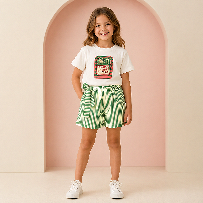 Conjunto Infantil Menina Sardinha Retrô - Camiseta e Short Listrado