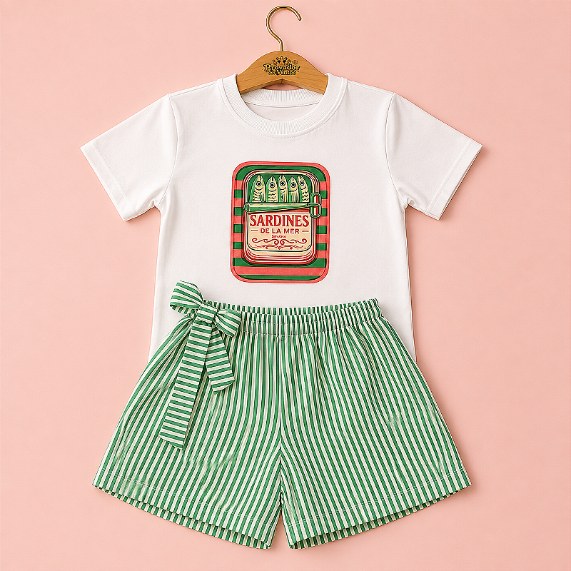 Conjunto Infantil Menina Sardinha Retrô - Camiseta e Short Listrado