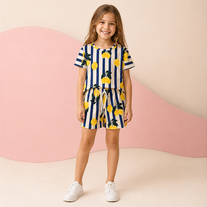 Conjunto Infantil Menina Limão Siciliano Listrado - Blusa e Short
