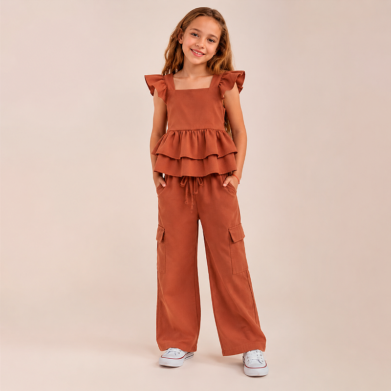 Conjunto Infantil Menina Blusa com Babados e Calça Cargo