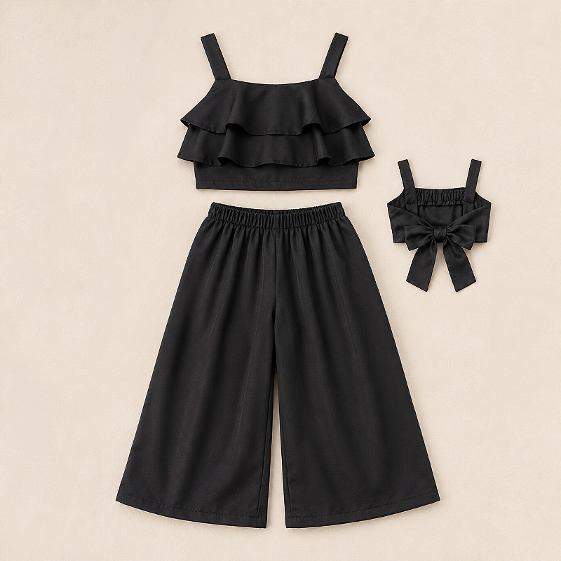 Conjunto Infantil Menina Cropped com Babados e Calça Pantalona Preta com Laço